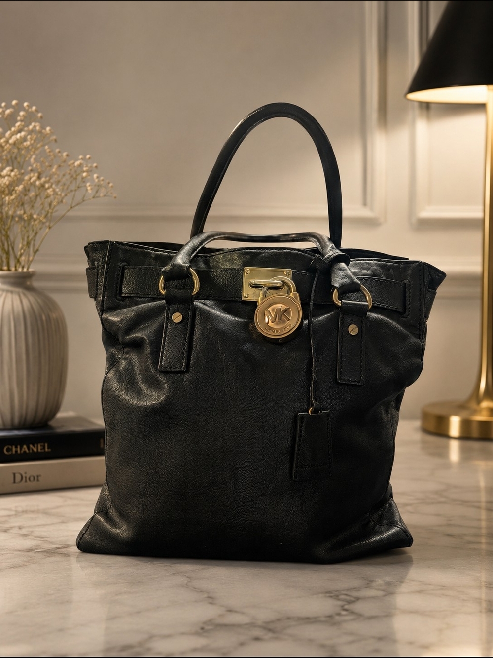Michael Kors Black Leather Tote with Gold MK Lock Hamilton Style